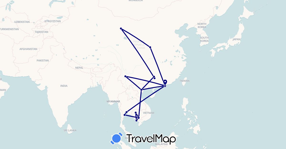 TravelMap itinerary: driving in China, Cambodia, Thailand, Vietnam (Asia)